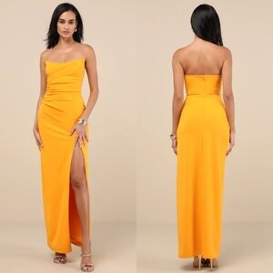 Lulus Malia Golden Yellow Ruched Strapless Maxi Dress XS Wedding Party Prom